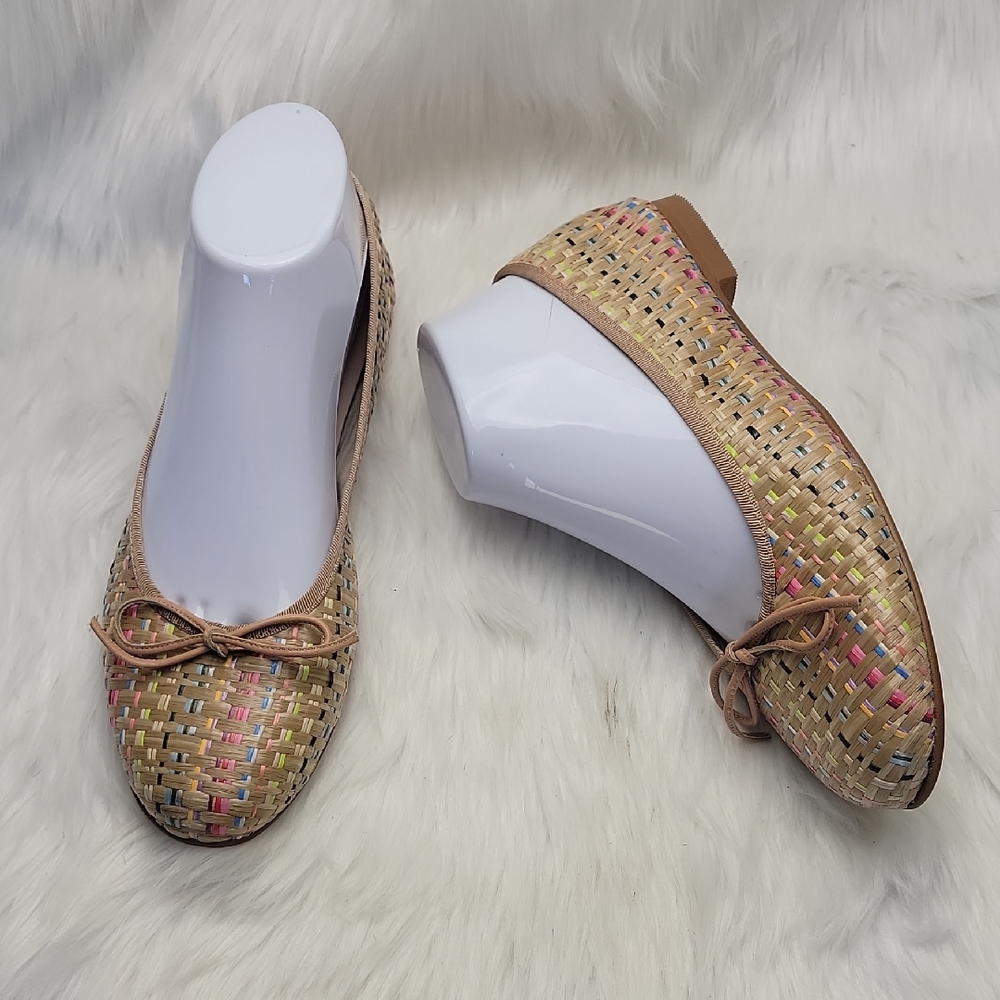 PATRICIA GREEN Skim Raffia Tan Multi-Color Woven Bow‎ Boho Preppy Ballet Flats 9